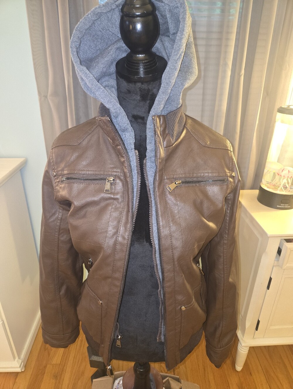 Brown Faux-Leather Hooded Bomber Jacket -Kids 12/14- roomy. Fits size 2 woman